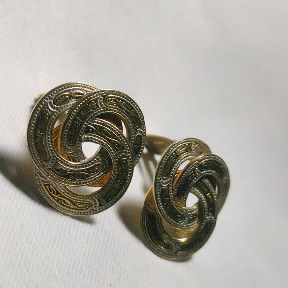 Damascene Spain Love Knot Vintage Gold Tone Ornate Clip On Earrings Etched - Picture 8 of 8